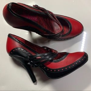 Red and black Mary Jane pump heels